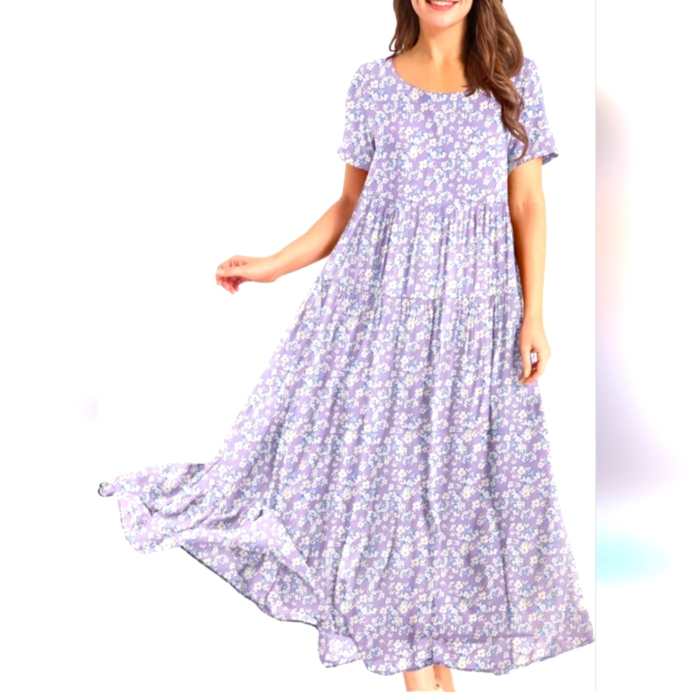Crew Neck Short Sleeve Long Dress Casual Boho Floral Dresses purple Sz Medium